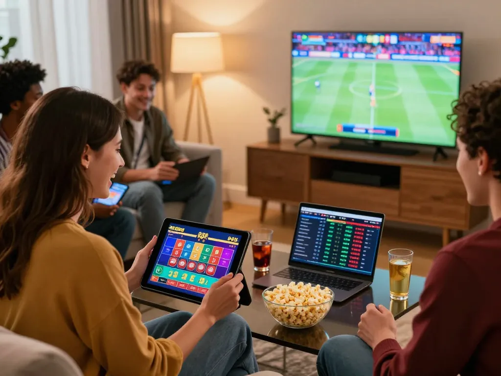 Engaging online gaming scene with BJ888 platform, showing friends enjoying casino games and sports betting in a lively atmosphere.