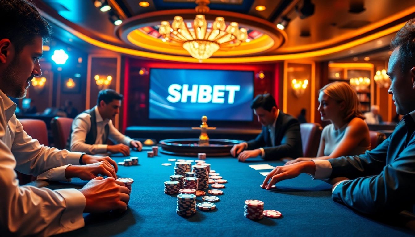 High-stakes poker play at SHBET casino highlighting chips and cards.