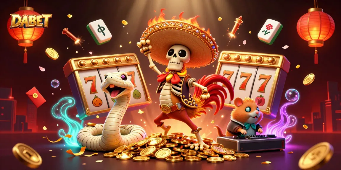 DABET brings excitement as a skeleton mariachi rooster dances on coins amidst dynamic slot elements.