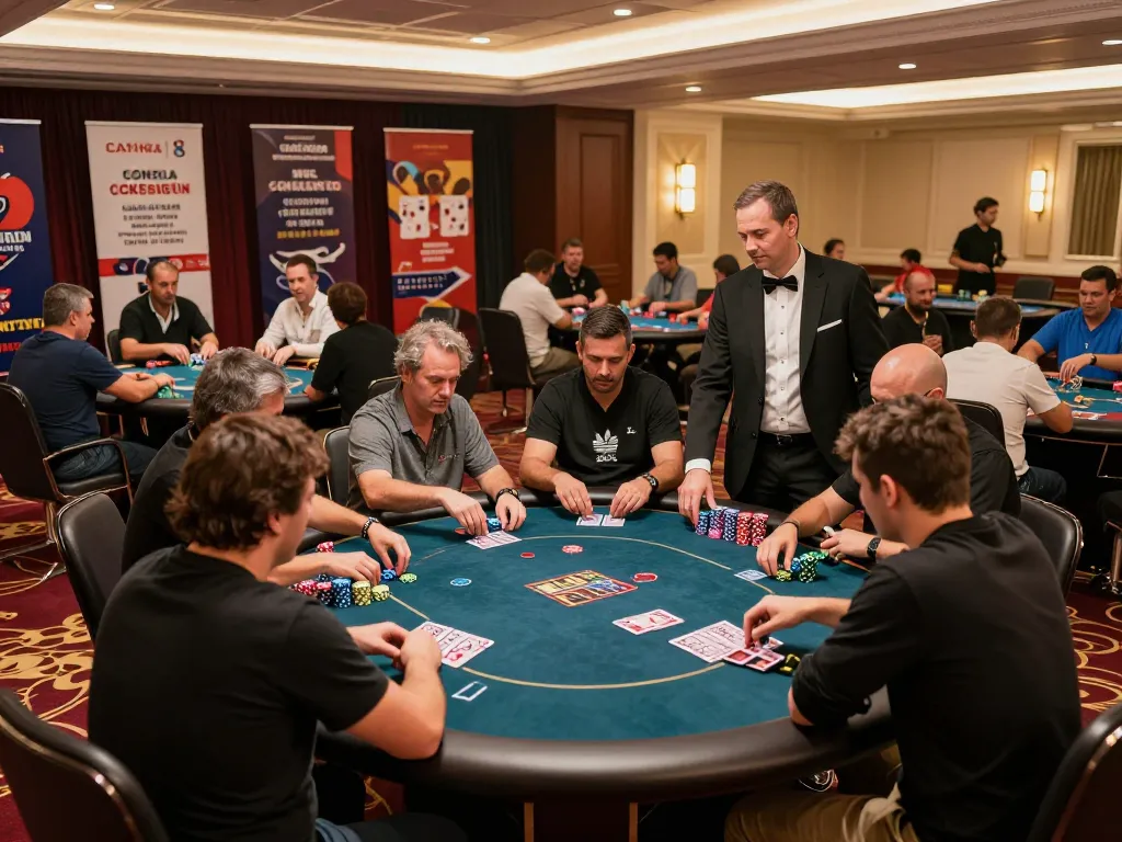 Players engaging in a thrilling VK88 poker tournament at a luxurious casino.