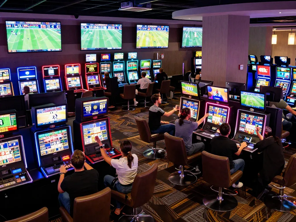 Vmax sports betting excitement in a bustling casino lounge where patrons place strategic bets.