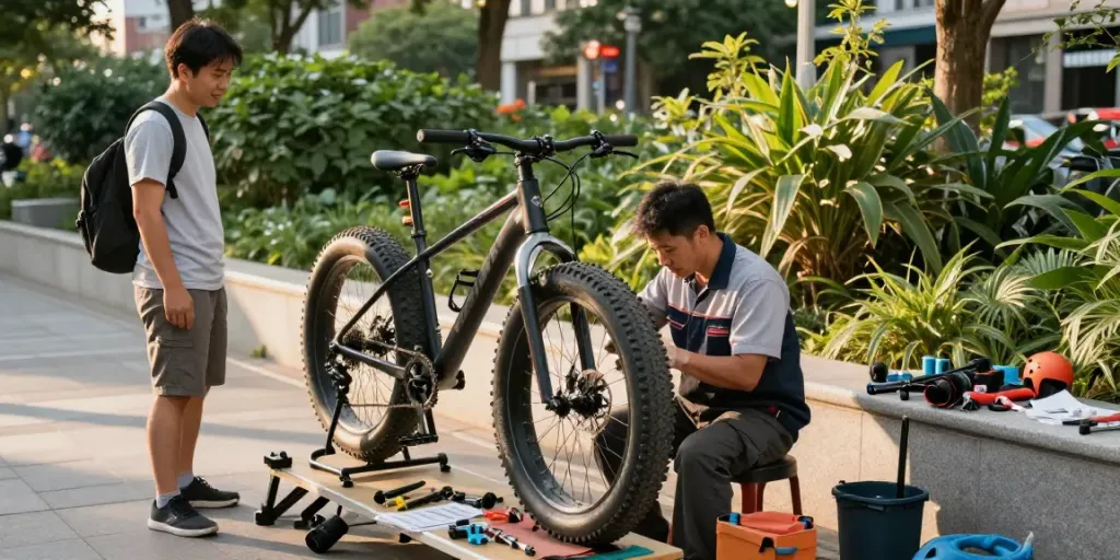 Fatbike onderdelen worden gerepareerd door een monteur in een stadse omgeving, met focus op gemak en kwaliteit.