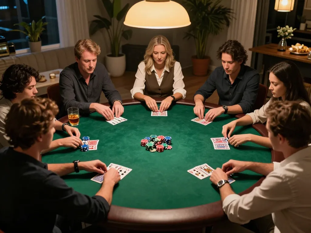 Poker game night with players enjoying thabete, colorful chips and drinks at a warm home setting.