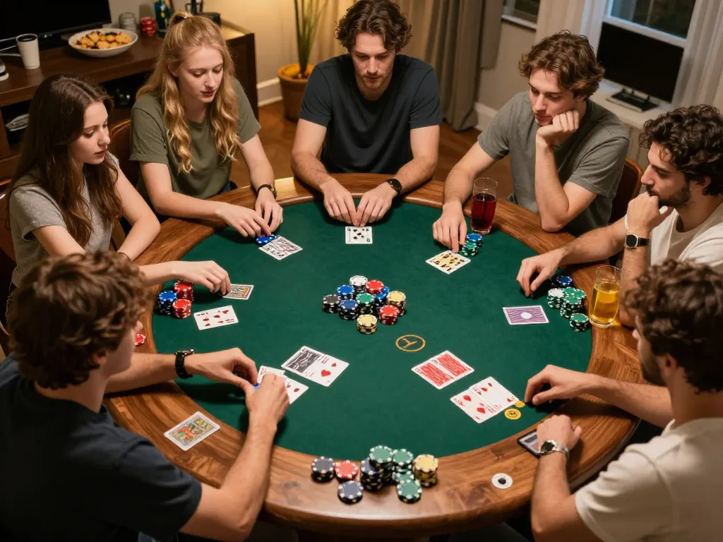 Sunwin players engaged in intense poker game night, showcasing chips and cards in cozy home setting.