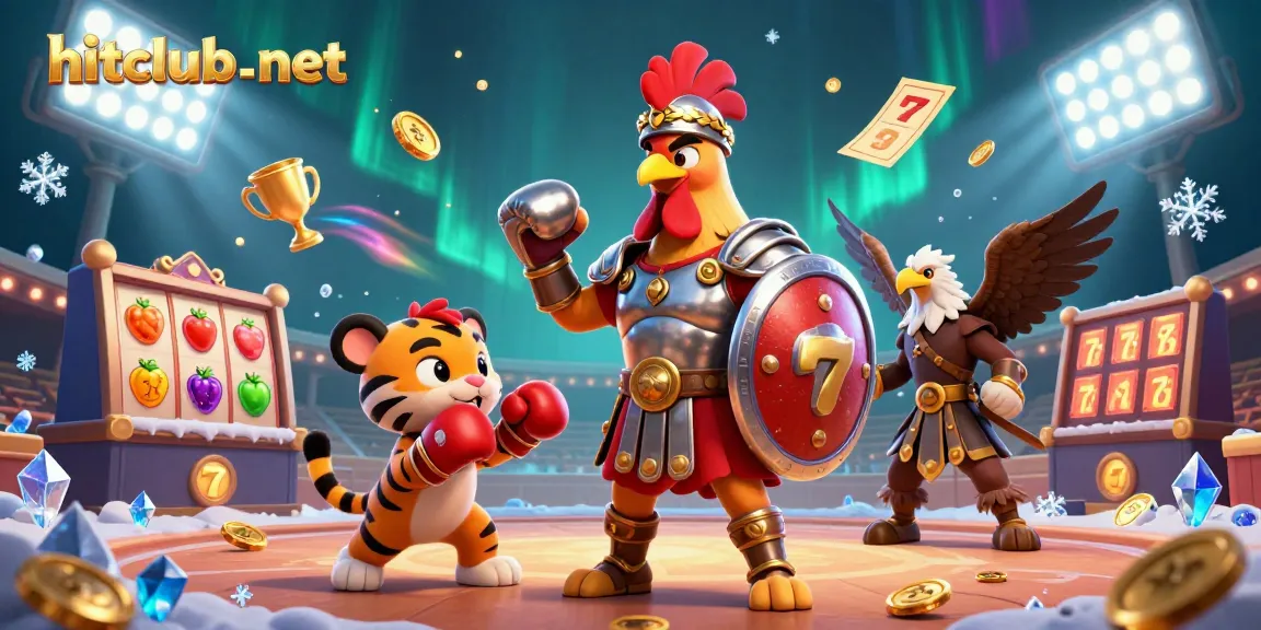 Experience excitement at hitclub-net with a vibrant scene of gaming adventure showcasing a rooster and tiger in a dynamic casino environment.