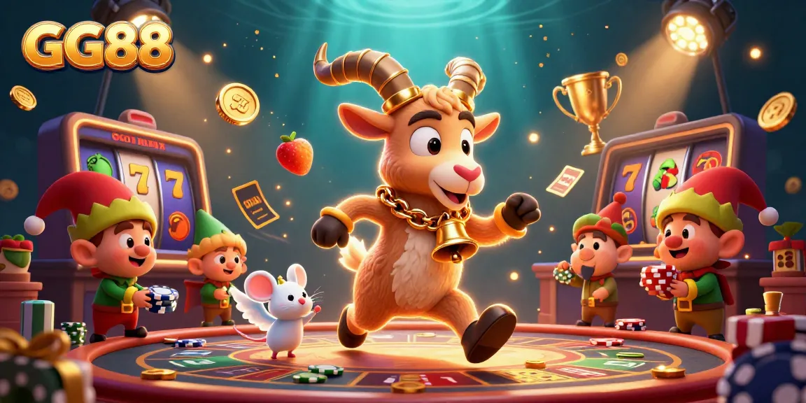 Engage with GG88's dynamic casino scene featuring festive characters and immersive gaming elements.