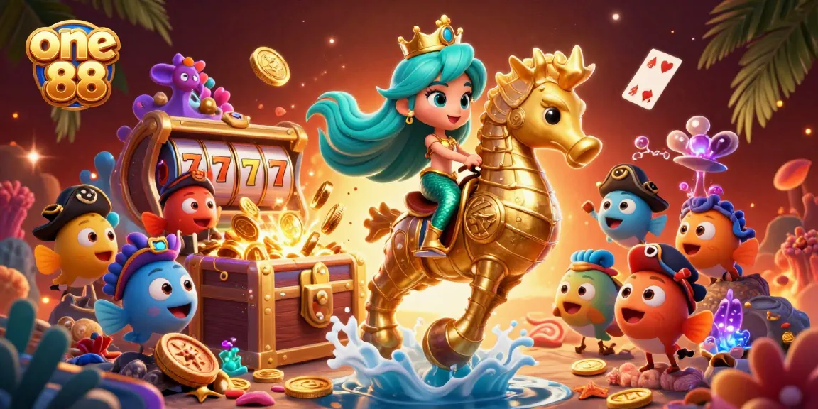 Engage with one 88 as a mermaid princess surrounded by vibrant slot-themed rewards in an enchanting underwater scene.