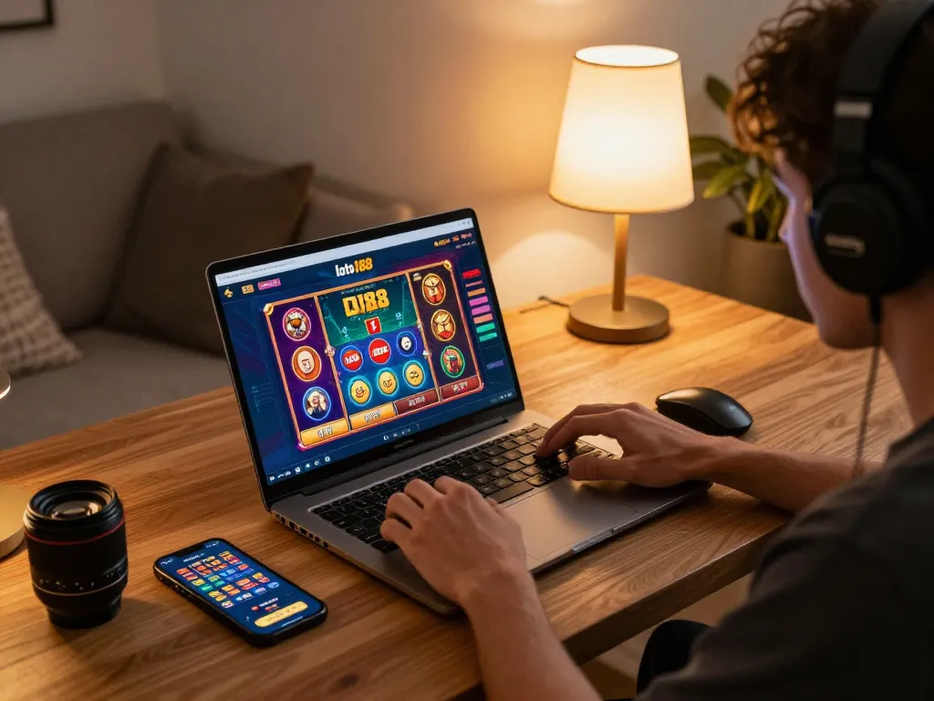 Person enjoying loto188 online gaming on laptop with smartphone beside, cozy atmosphere