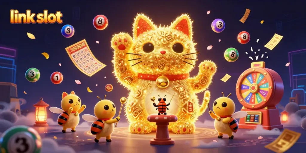 Experience the thrill of winning big with link slot, featuring vibrant casino symbols and dynamic elements.