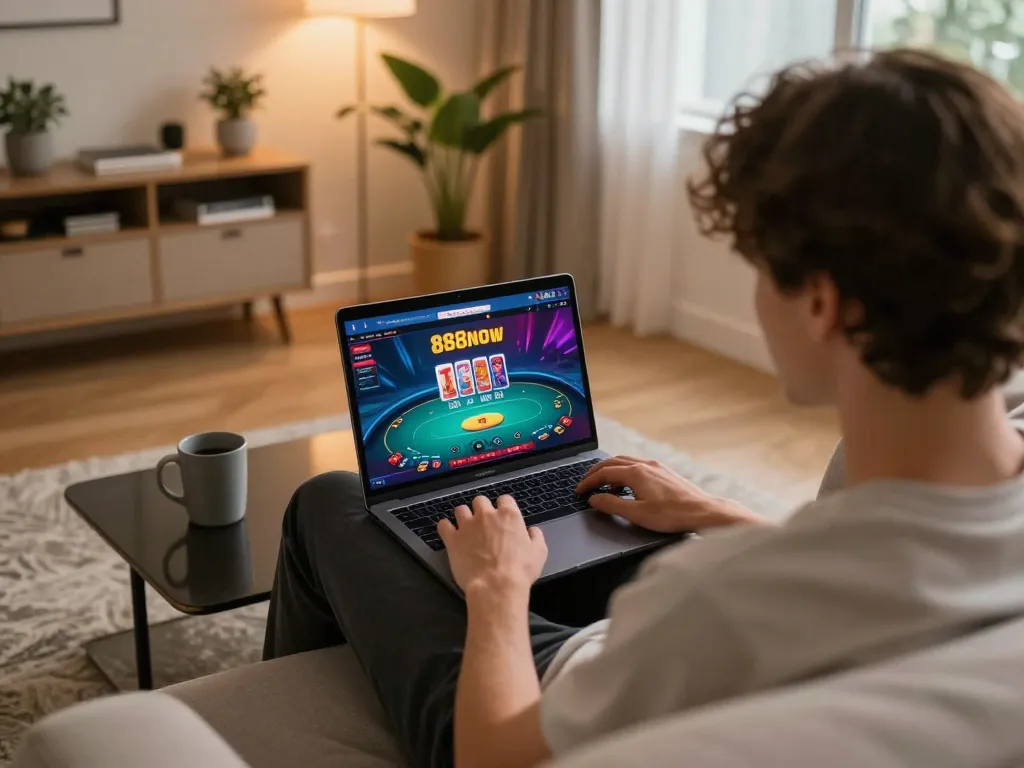 Engage in online gaming at 888now com with a cozy home setup featuring a laptop and poker interface.
