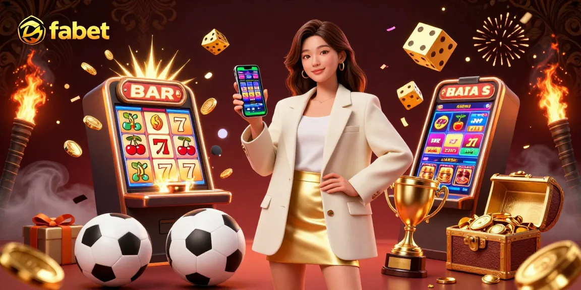 Experience fabet sports betting excitement with a vibrant Asian woman showcasing a betting app amidst lively casino elements.
