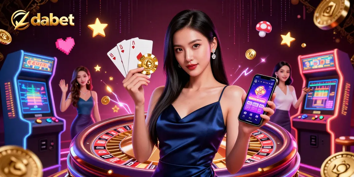 Dabet casino promotional illustration showcasing a stylish Asian woman with a smartphone in a game-rich environment.