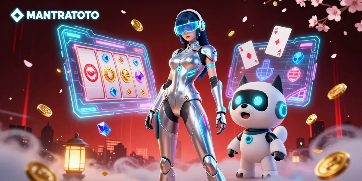 Engage with MANTRATOTO's immersive gaming experience featuring a stunning woman and a robot dog.