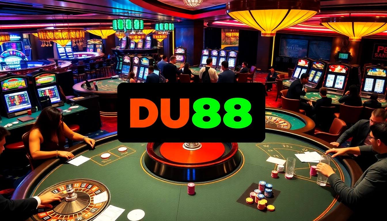 Experience thrilling gameplay with DU88 at an upscale casino table filled with poker chips and roulette wheels.