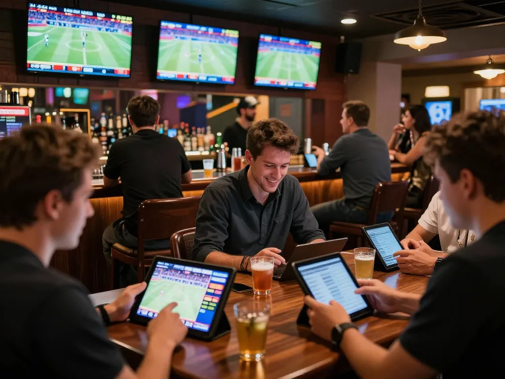Engaged bettors observing live events at Trang chủ 9bet sports betting lounge.