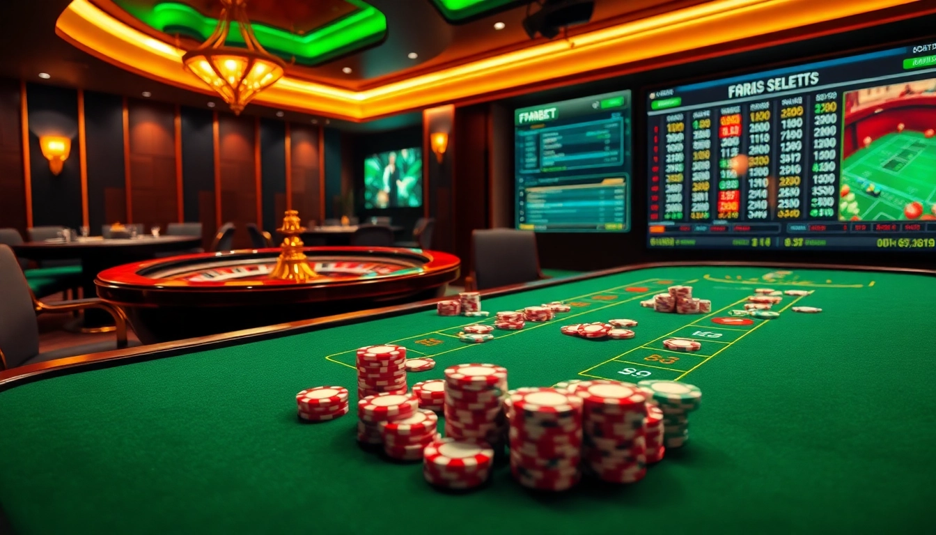 Experience FABET's thrilling atmosphere with an elegant poker table and vibrant betting odds.