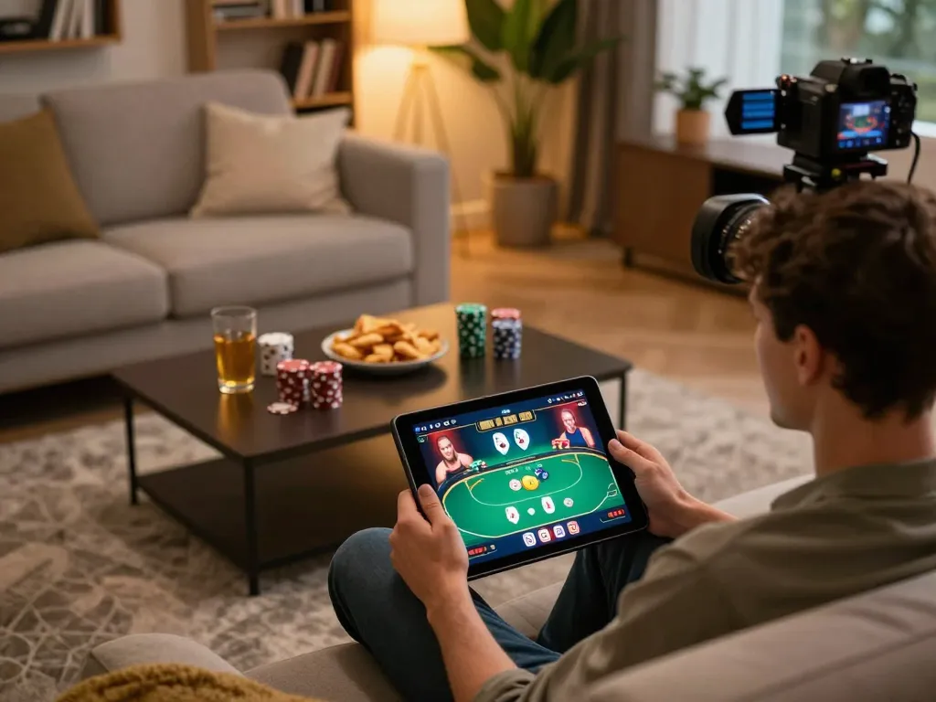 Enjoying an exciting poker game at home, playing dh88 on a tablet amidst a cozy setting