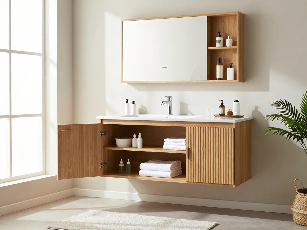 Ontdek elegante badkamerkasten in een moderne badkameromgeving met natuurlijk licht.