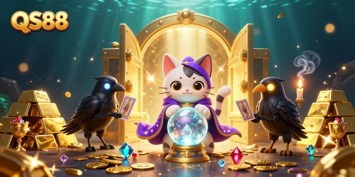 Experience thrilling wins at QS88 with an exciting 3D casino scene featuring a mystical cat and raven.