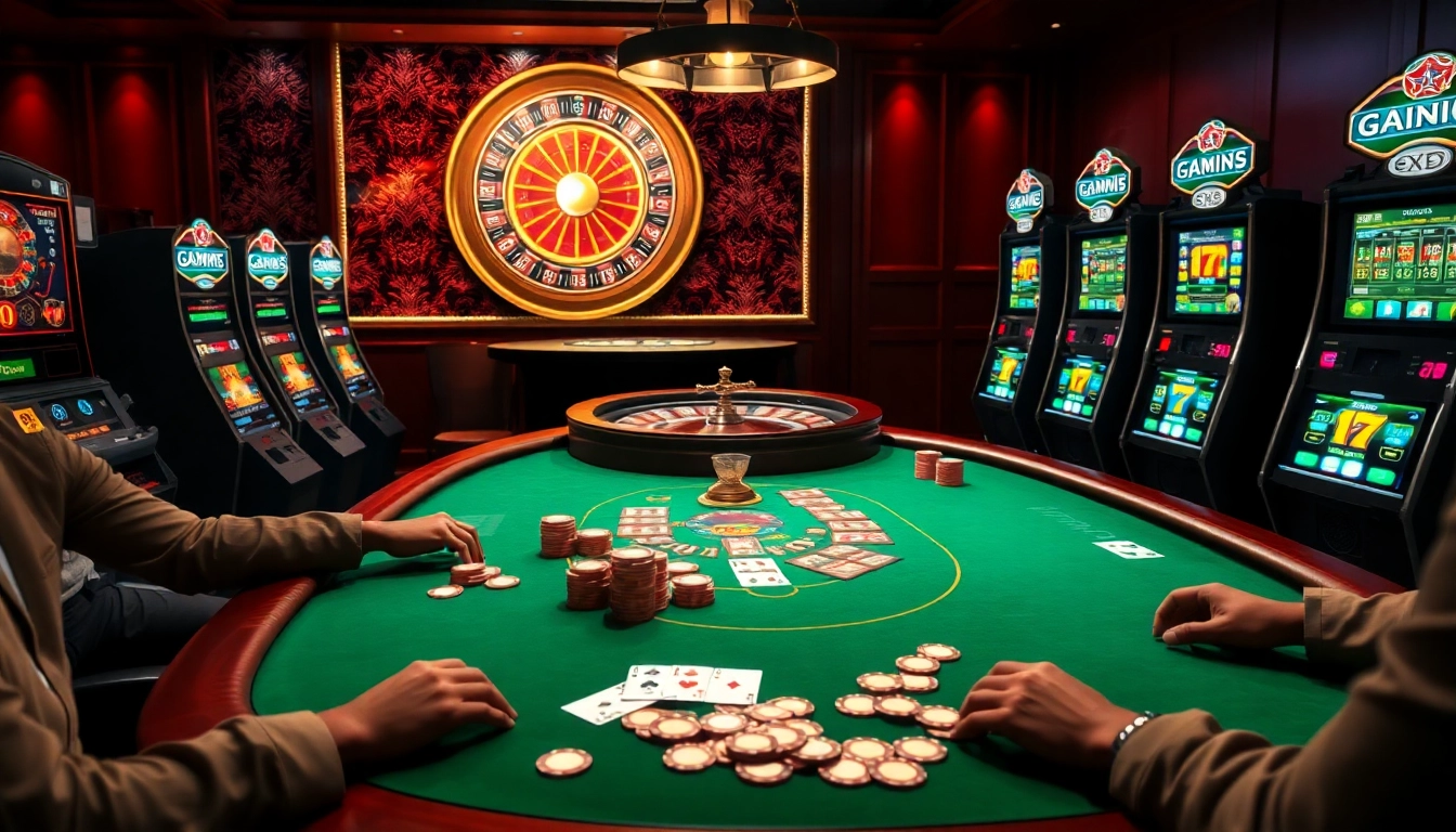 Game bài đổi thưởng action at a poker table with chips, cards, and a roulette wheel.