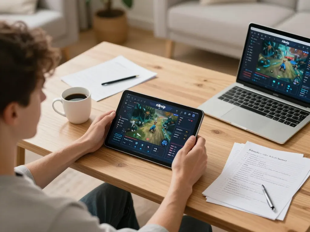 Engaged player enjoying online gaming on rikvip through tablet with strategies notes nearby.
