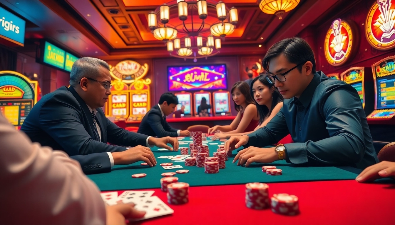 Engaging scene of players at a game bài table in a luxurious casino environment.