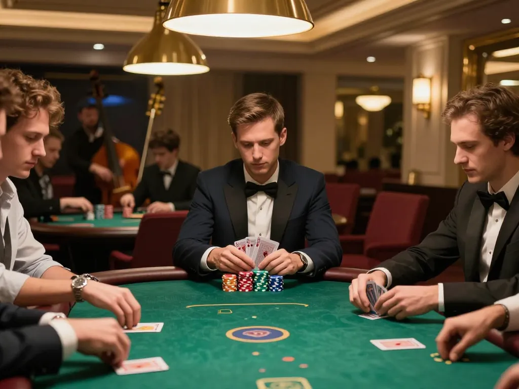 Players strategize at a luxurious poker table in a vibrant casino, featuring 5679 chips stacked high