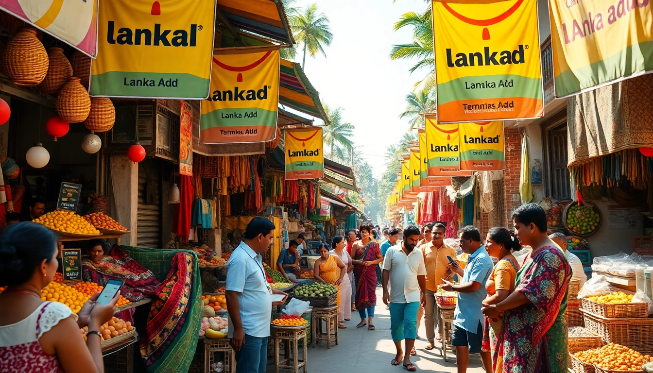 A lively Sri Lankan market scene promoting Lanka Add with vibrant local goods and interactions.
