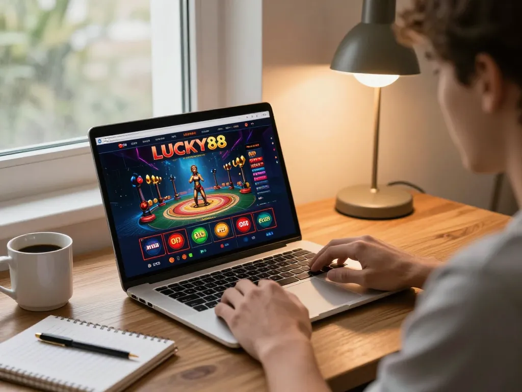 Engaging with LUCKY88 online casino on a modern laptop in a cozy setup, showcasing an intimate gaming experience.