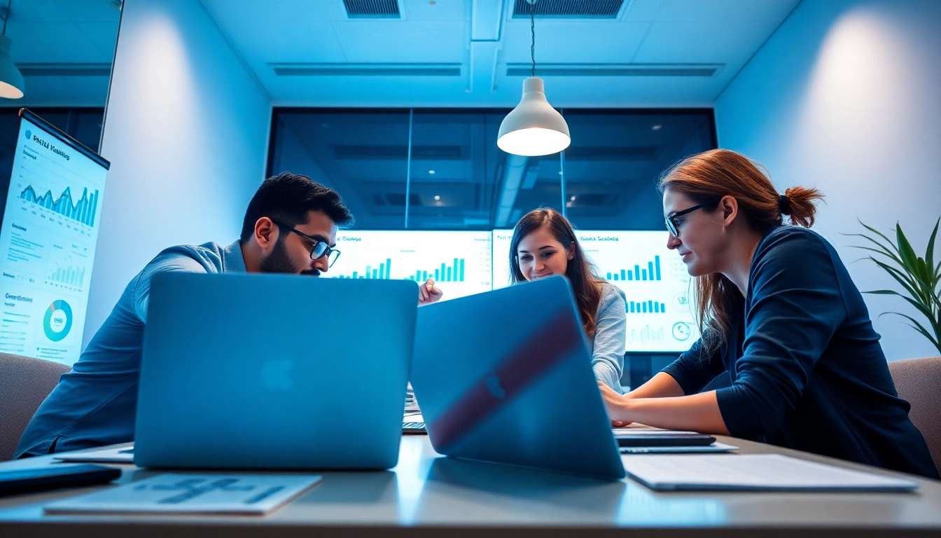 Espacio de trabajo dinámico que representa marketing digital guadalajara con colaboración de un equipo diverso.