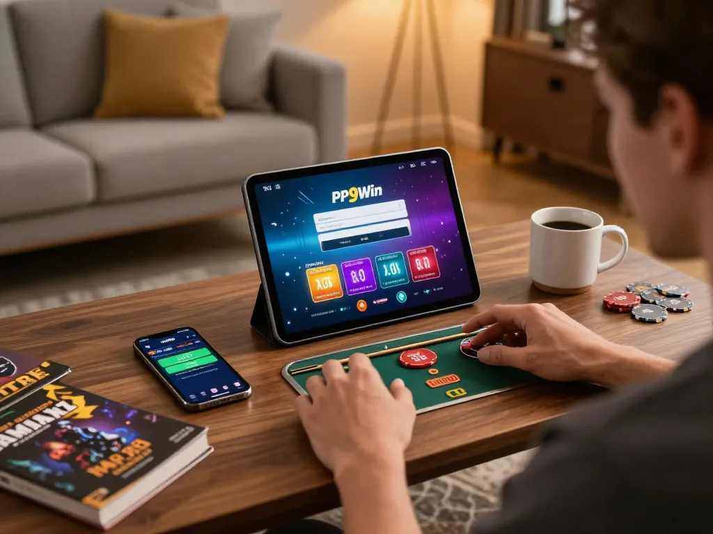 Players enjoying online gaming with PP9Win login on display, showcasing a cozy home atmosphere
