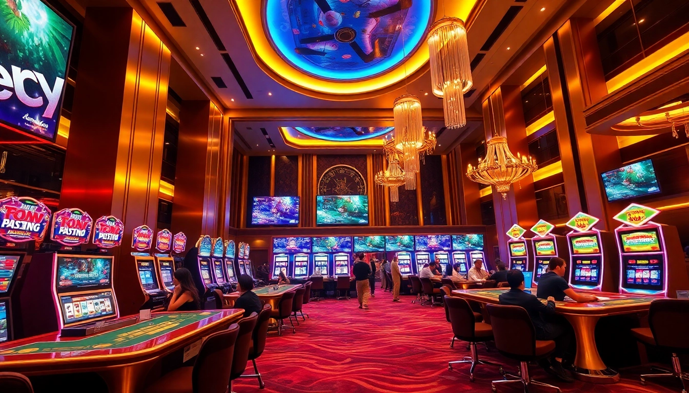 AE888 sòng bạc trực tuyến features an exciting casino scene with elegant dealers and vibrant gaming tables.