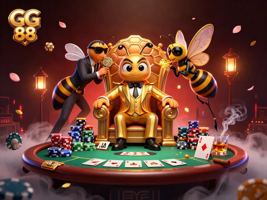 Experience the excitement of GG 88 with a lively casino scene featuring a bumblebee mob boss and poker elements.