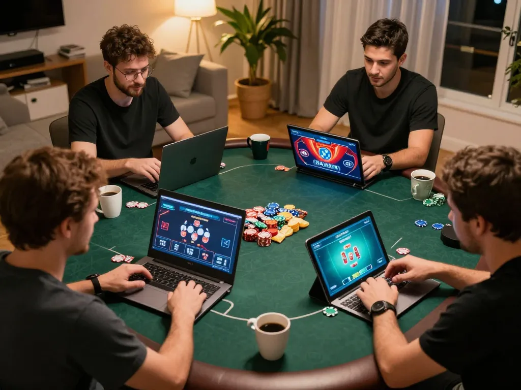 LLwin players strategizing during an online poker game in a cozy home environment.