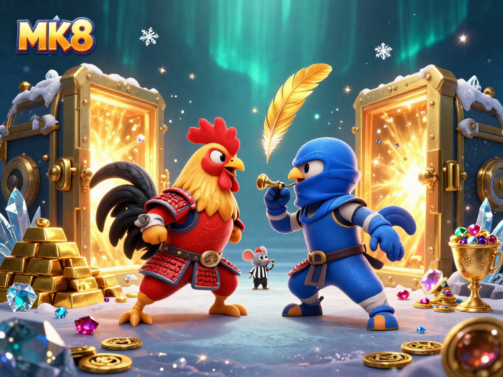 Engage in thrilling bets at MK8 with fierce roosters and golden riches in a captivating casino showdown.