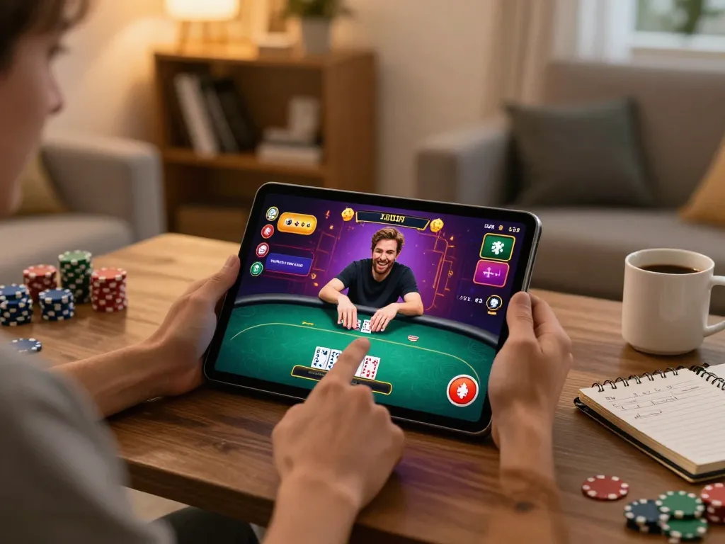 Engaging online poker gameplay with gamebai79 on a tablet, creating an inviting home atmosphere
