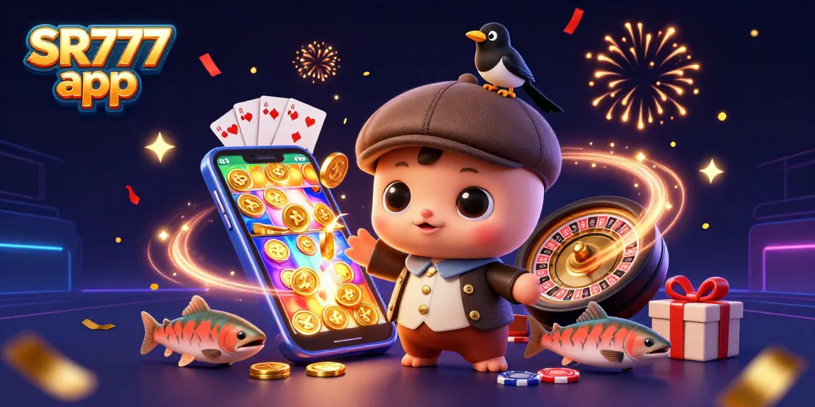 Menangkan jackpot menarik dengan aplikasi SR777 dalam ilustrasi bertema kasino yang cerah