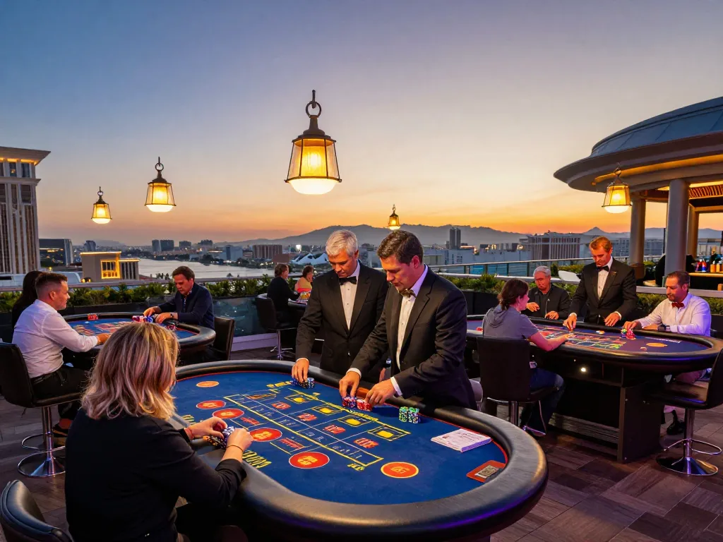 Players enjoying roulette at HITCLUB casino, vibrant sunset over city skyline