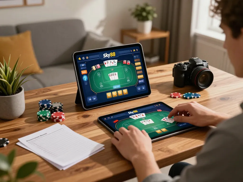 Engaging in online gaming at Sky88, showcasing poker gameplay on tablet while strategizing