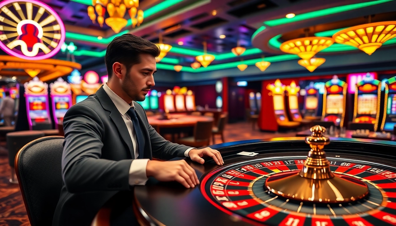 Cá cược Lucky88 with a professional gambler engaging at a luxurious roulette table surrounded by casino elements.