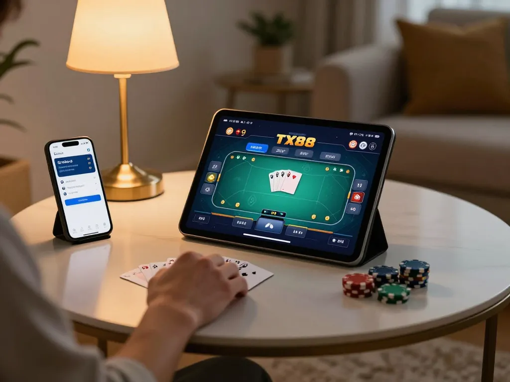 Engaging online poker game at the TX88 table, showcasing player chips and tablet interface.