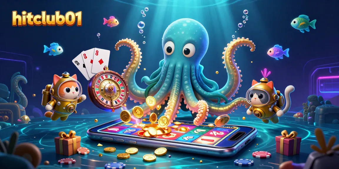 Hitclub01 thrills with a kraken and diving cat, unveiling exciting slot games and treasures.