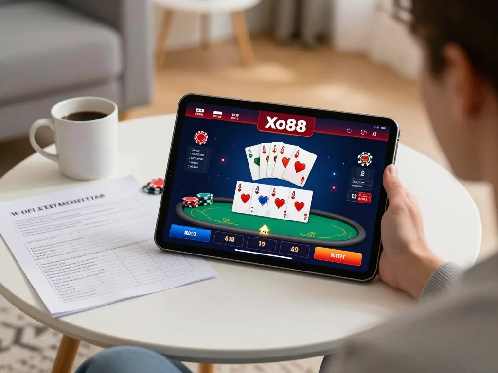 Xo88 online gaming on a tablet, showcasing vibrant poker gameplay in a cozy home setting.