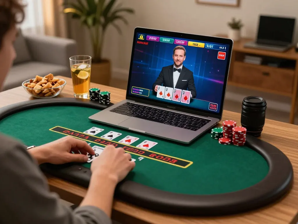 lv88 player enjoying a live dealer blackjack game at home, displaying engaging gaming scene in cozy setting