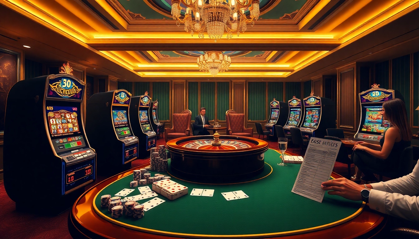 Experience thrilling gameplay at https://hitclub9.vip/ with luxurious casino elements showcasing poker tables and slot machines.