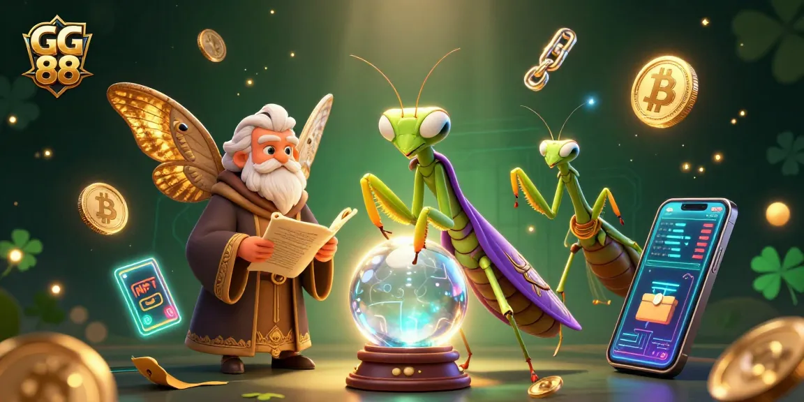Engage with GG 88's vibrant online casino universe through this animated 3D illustration filled with fortune-telling and crypto elements.