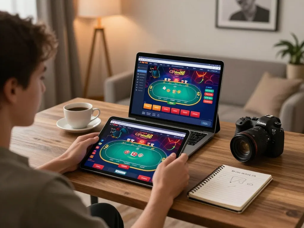Engaging gameplay on open88 casino platform as a player places strategic bets on a tablet in their cozy home