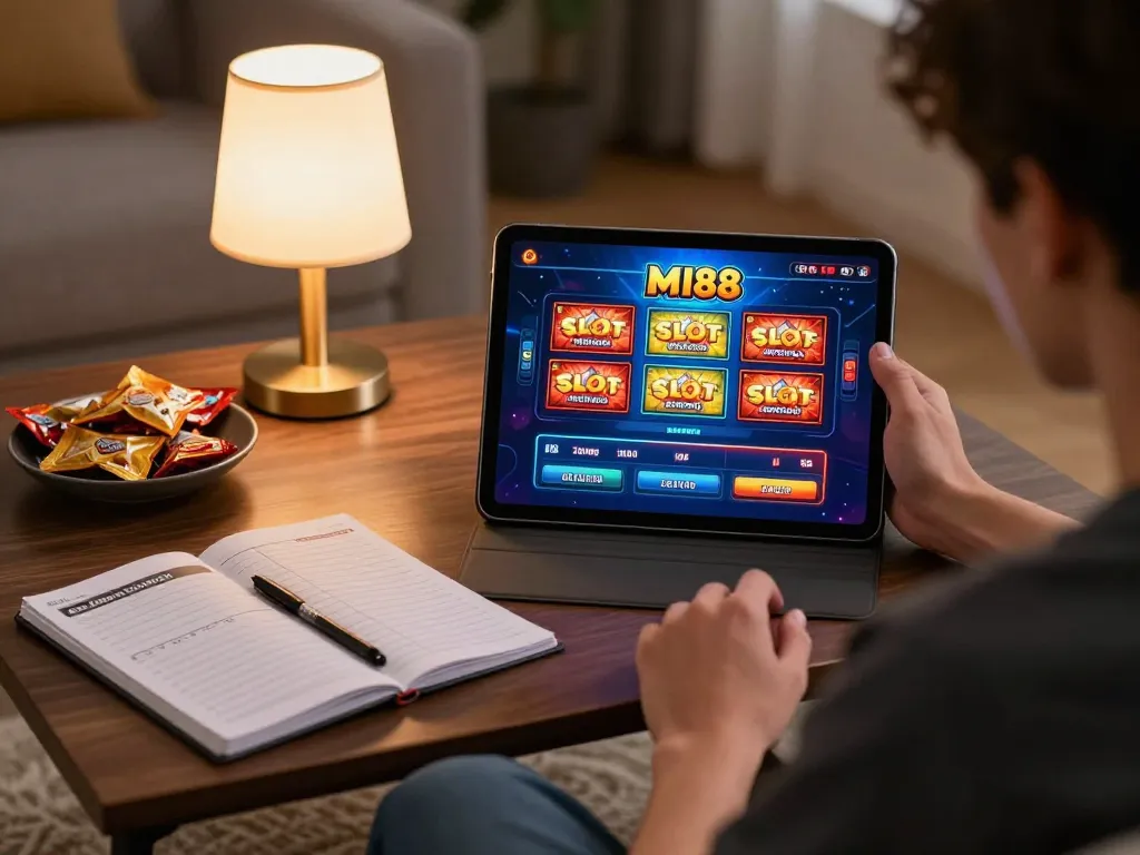 Engaging MI88 SLOT gameplay on a tablet in a cozy home setting, showcasing immersive online gambling.