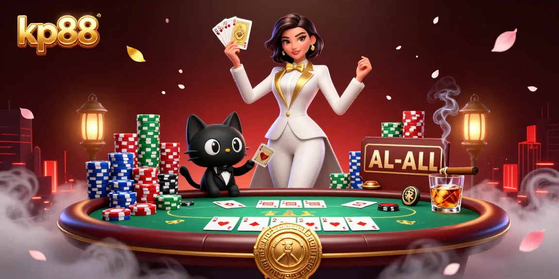 Engage with kp88's vibrant casino action featuring a glamorous dealer and a playful black cat amidst colorful chips.