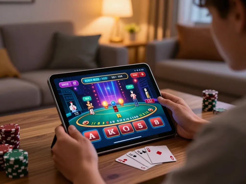 Playing blackjack on a tablet in a cozy home setting while exploring cổng game Rikvip